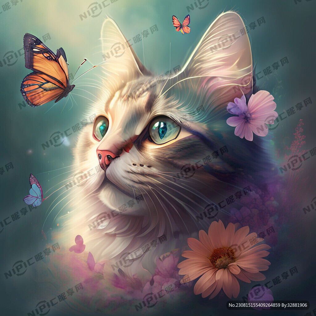 猫 蝴蝶 梦幻 鲜花