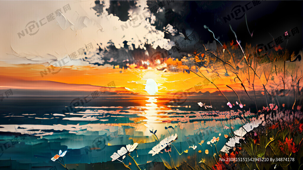 海上日出 近景野花 抽象的