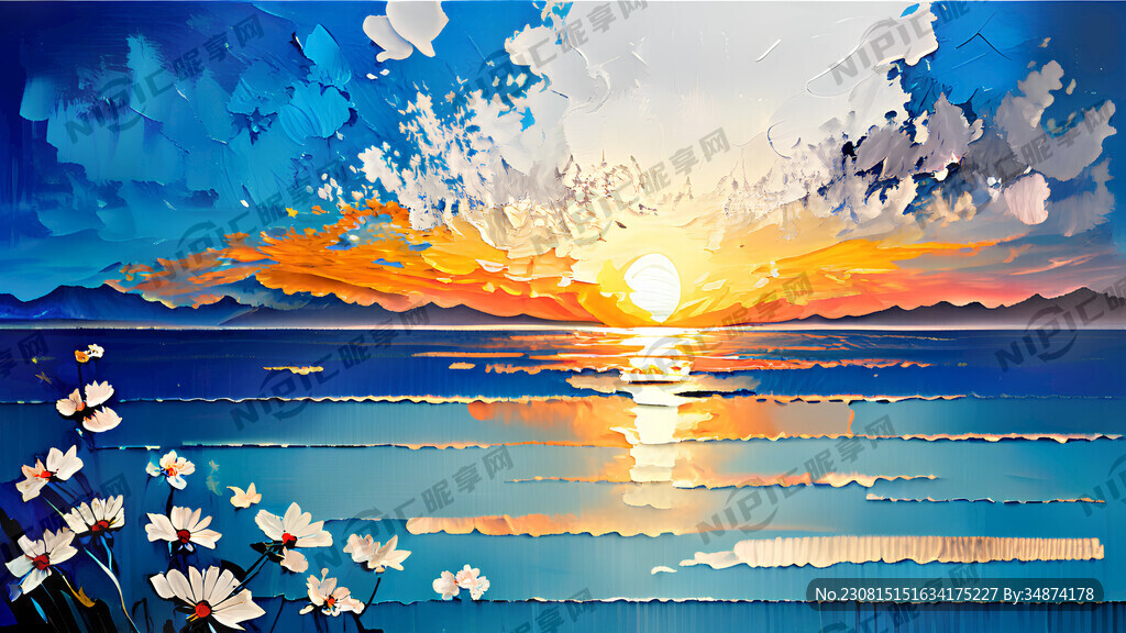 海上日出 蔚蓝天空 近景野花