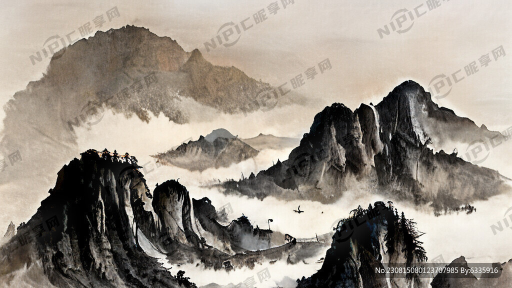 国潮风山水画 有山有水有祥云