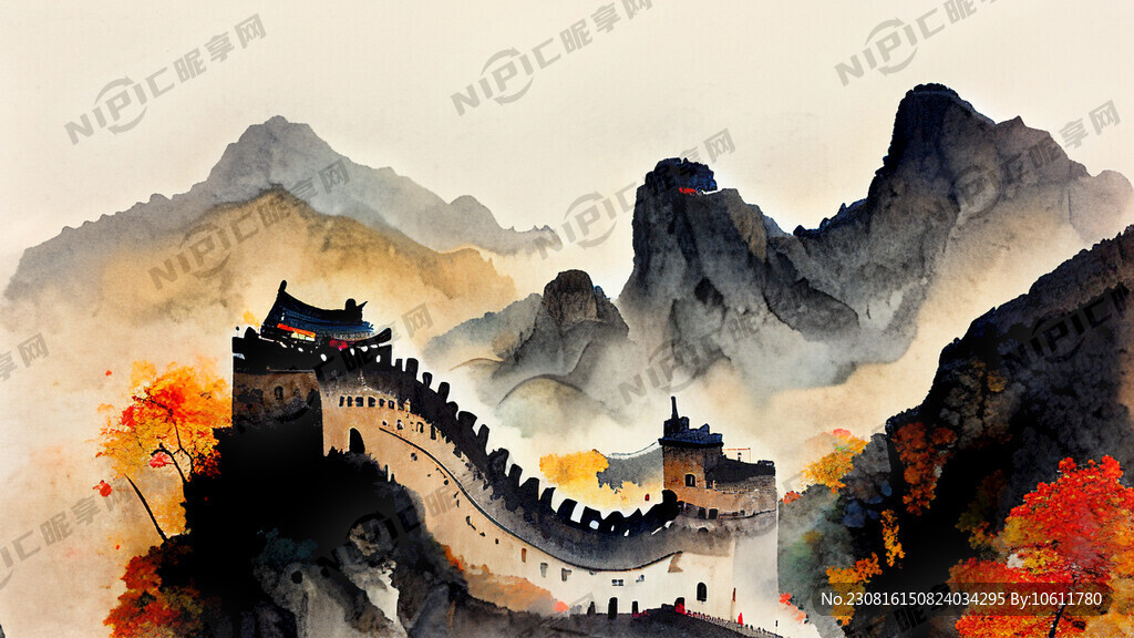 有中秋龙长城元素国潮画