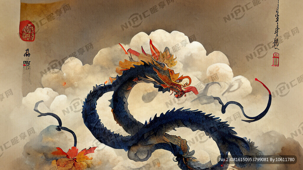 有龙中秋祥云元素国潮插画
