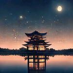 日式建筑，夜幕，湖边倒影，漫天天灯，星空