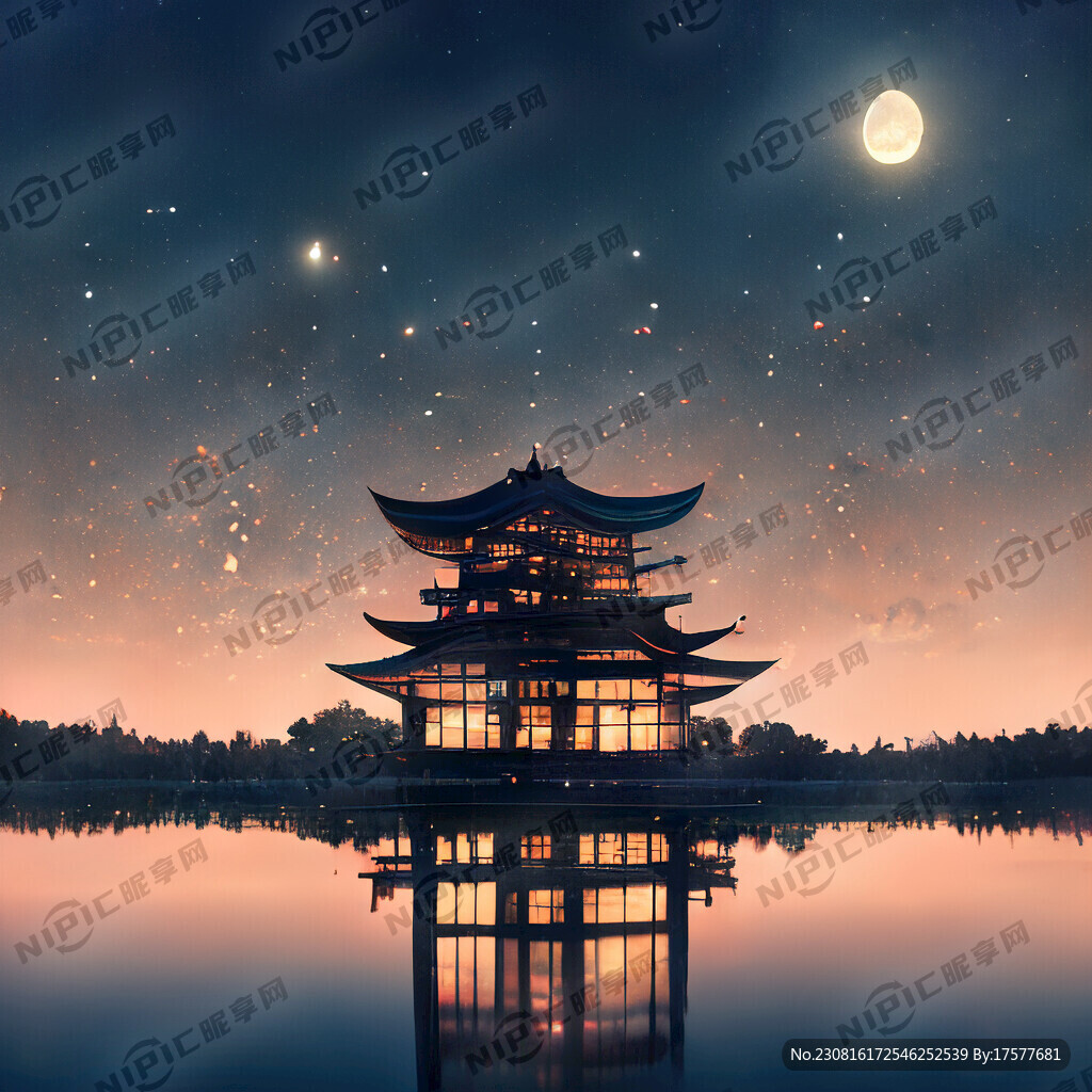 日式建筑 夜幕 湖边倒影 星空