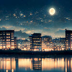 日式夜市建筑，夜幕星空，湖边倒影，漫天天灯