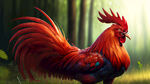 一只大红公鸡，高清羽毛，红色羽毛，站在草地上，背景森林，高质量画面表现