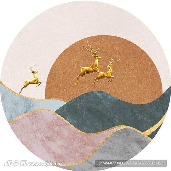 水彩山脉麋鹿圆形挂画装饰画