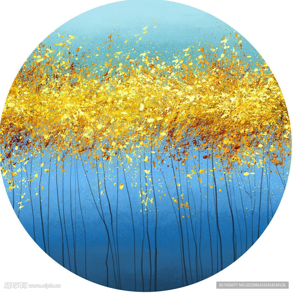 水彩金色树林圆形挂画装饰画