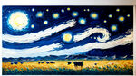 梵高的星月夜,油画,深蓝色,酸奶,奶牛,草原,星空,夜空,白色笔触,细节高清