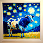 梵高画风,拟人,奶牛,星月夜,油画,蓝色,星空,夜空,笔触,细节高清