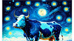 梵高画风,拟人,奶牛,星月夜,油画,蓝色,星空,夜空,笔触,细节高清