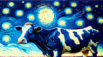 梵高画风,拟人奶牛,星月夜,油画,蓝色,星空,夜空,笔触,写实,细节高清
