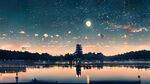 日式夜市建筑，夜幕星空，湖边倒影，漫天天灯