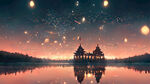 千与千寻古建筑，夜幕星空，湖边倒影，漫天天灯