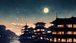 日式夜市古建筑，夜幕星空，河边倒影，漫天天灯