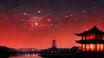 日式夜市古建筑，红色夜幕星空，河边倒影，天灯
