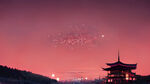 日式夜市古建筑，淡红夜幕星空，河边倒影，天灯