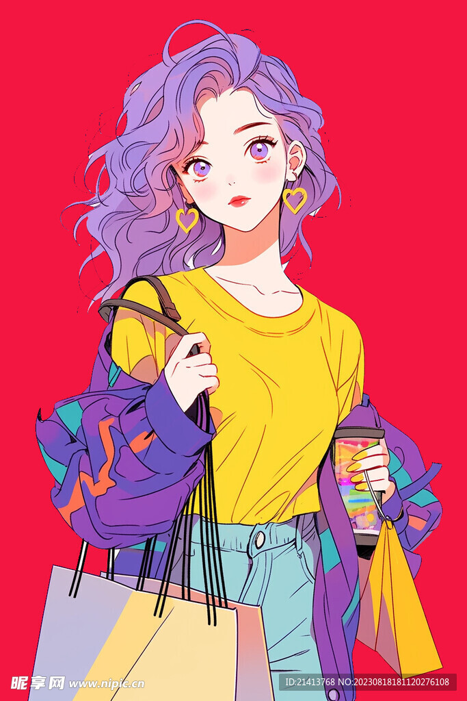 手绘购物女孩 