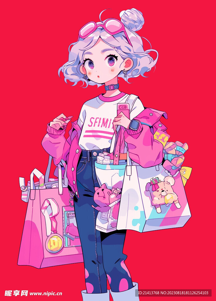 手绘购物女孩 