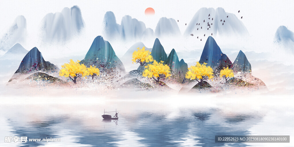 中国风蓝色意境水墨山水画