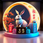 酒店中秋节礼品展台，与数字化相结合，要求科技感，颜色偏淡，体现月亮，兔子。