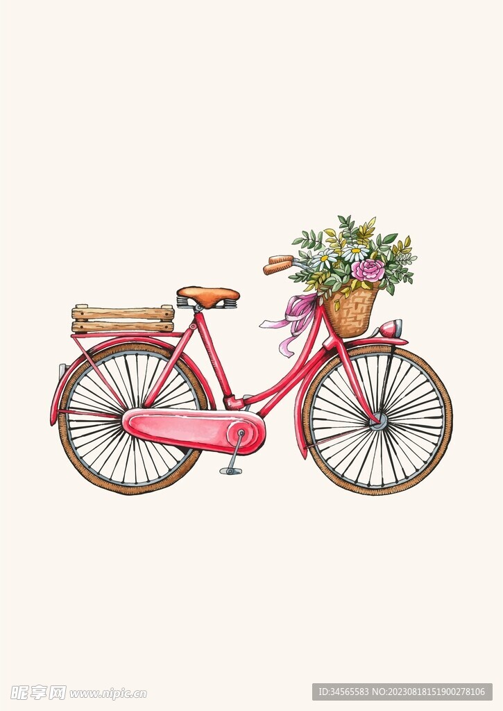 夏季色调复古自行车美丽小花篮