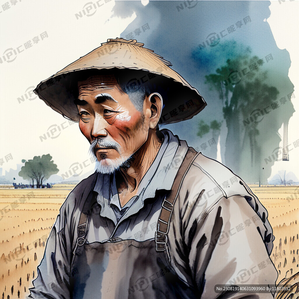 一个农民在裁切农作物