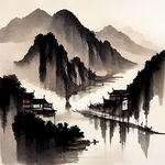 写意山水画，国画，水墨，大宋古镇，河流,船只中国风