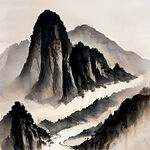 山谷，中国风，中国画，山水，水墨风格，写意，意境，高雅，高清，仙风道骨。
