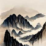 山谷，中国风，中国画，山水，水墨风格，写意，意境，高雅，高清，仙风道骨。