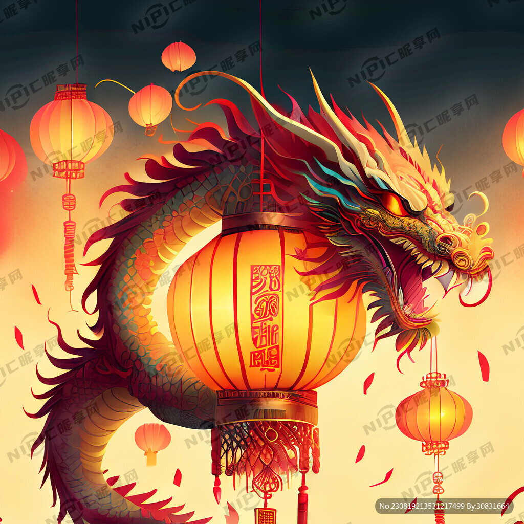 灯笼上的龙新年春节喜庆鞭炮