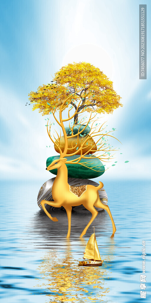 金色麋鹿湖畔发财树挂画装饰画
