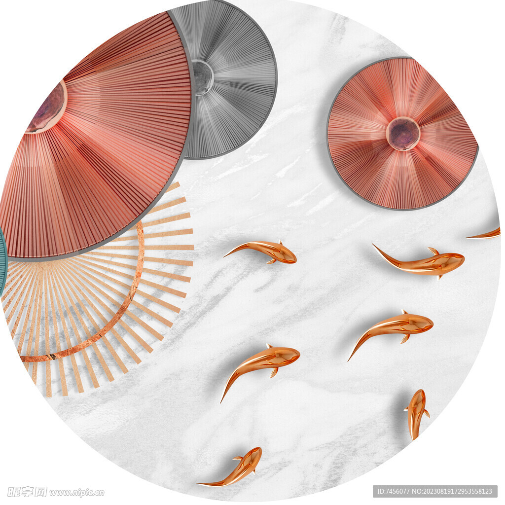 游鱼几何圆形挂画装饰画