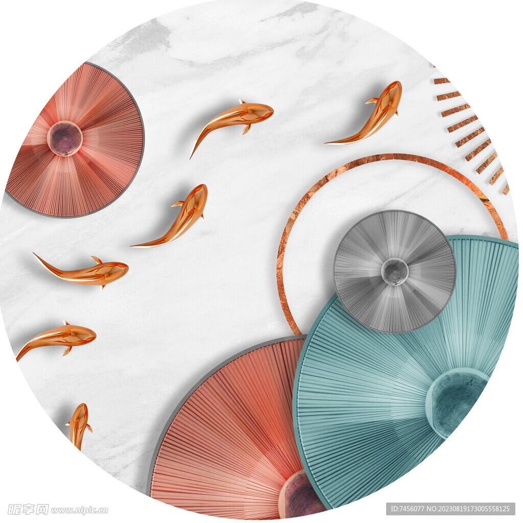 游鱼几何圆环圆形挂画装饰画