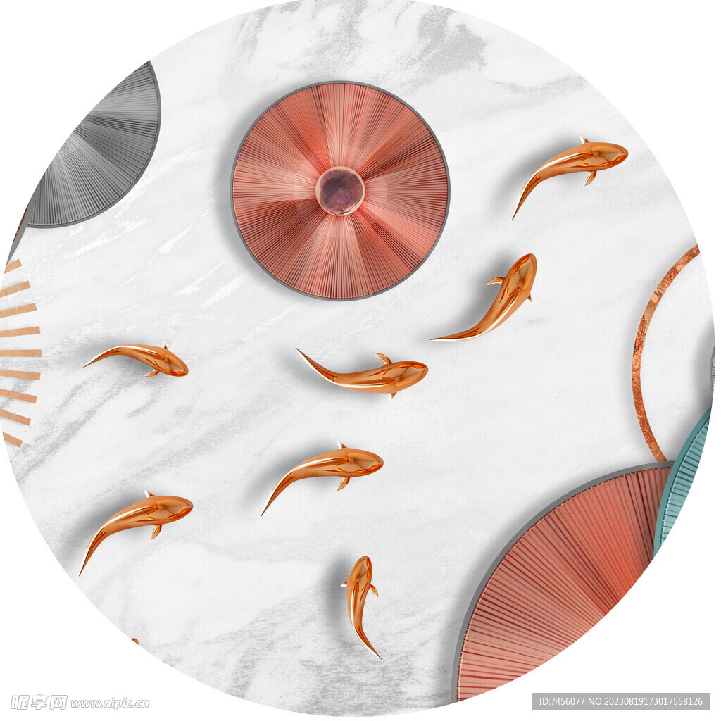 水彩游鱼几何圆形挂画装饰画