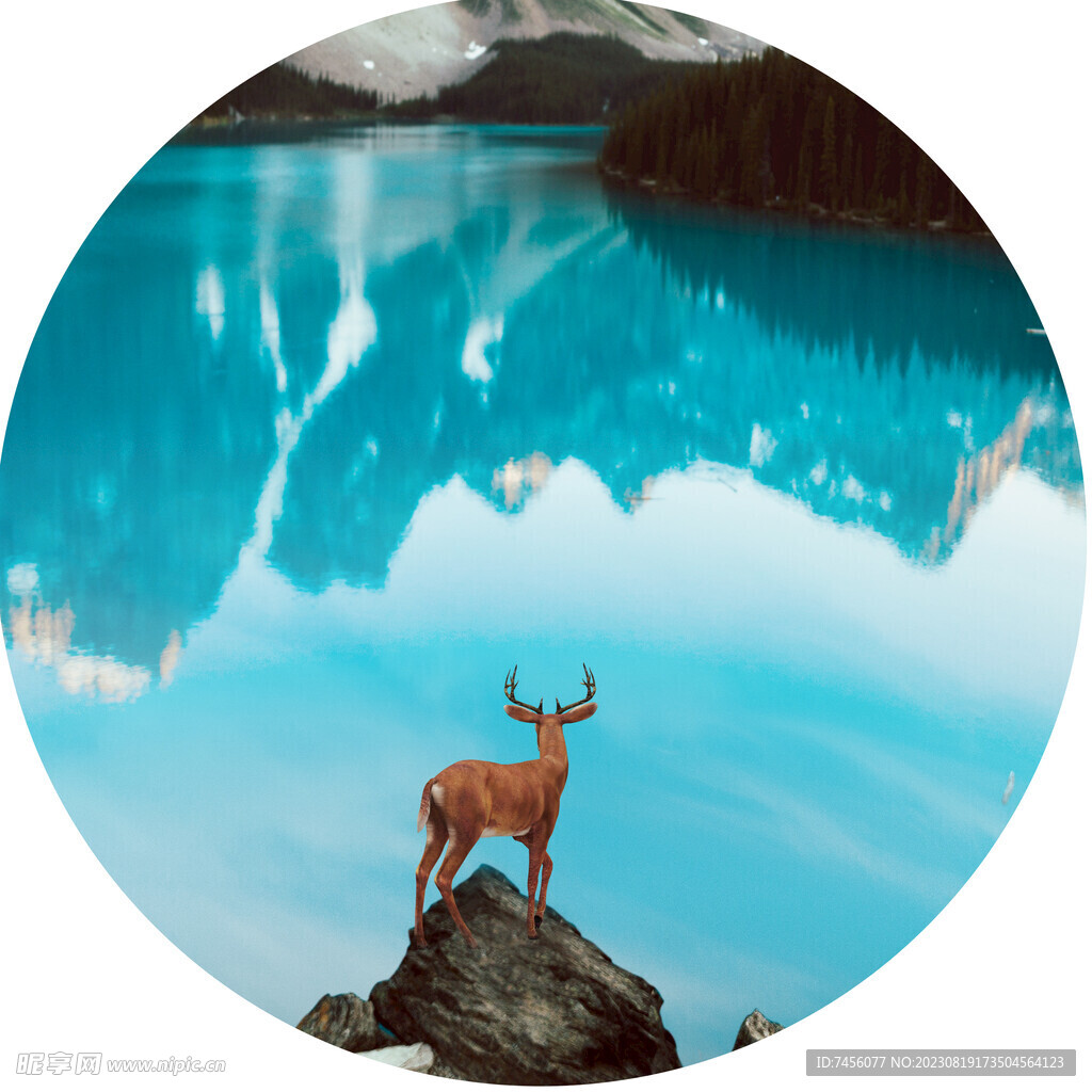 湖畔麋鹿山崖圆形挂画装饰画