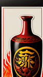 彝家白酒标贴，黑红黄为主色调，精细设计，加上汉字火连天，土陶罐