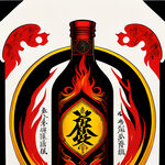 高端彝族白酒标签，黑红黄为主色调，加上汉字商标火连天，精细刻画，玻璃瓶