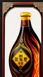 彝族高端白酒标签，黑红黄为主色调，精美华贵，加上汉字商标火连天，精细刻画，玻璃瓶