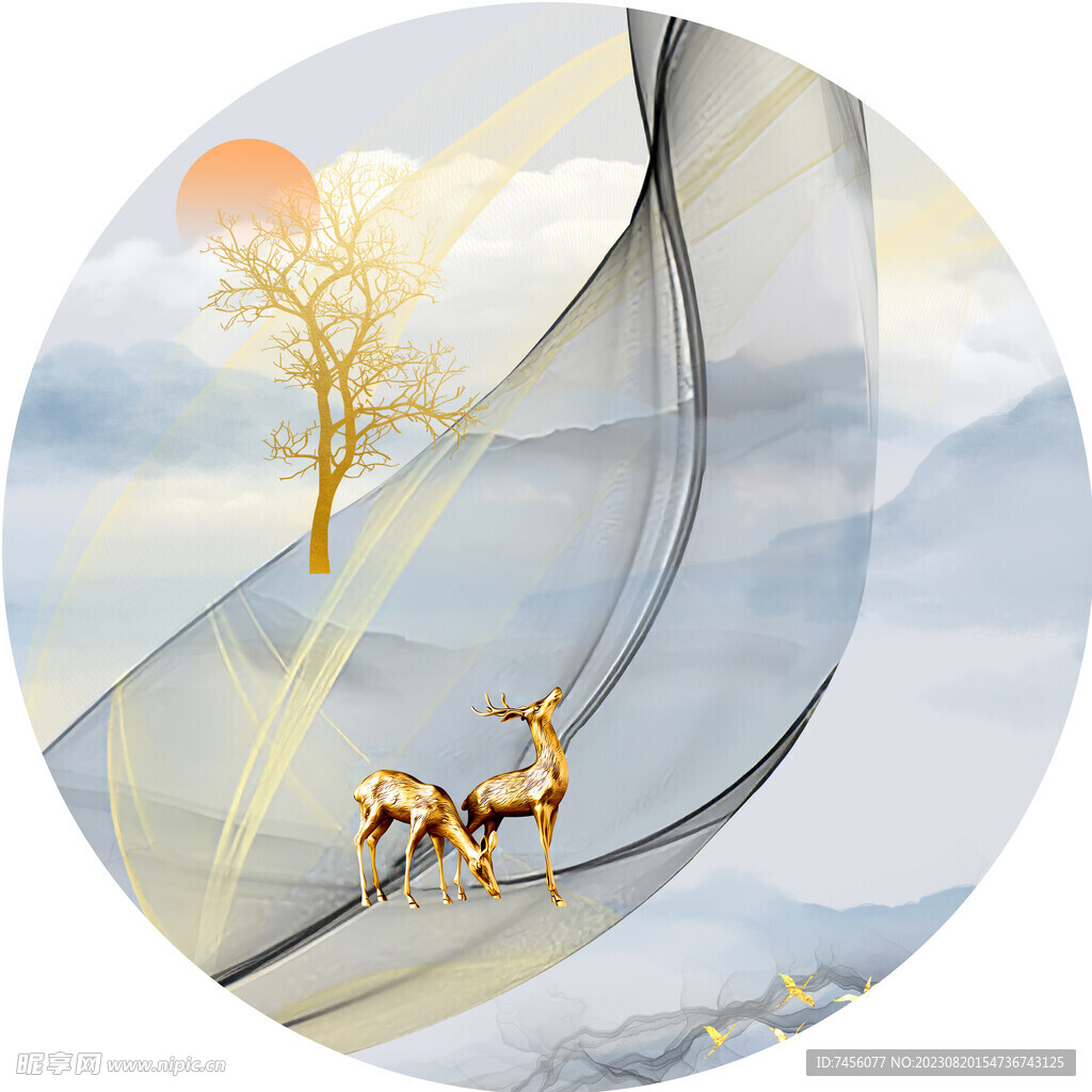 金色麋鹿水墨山脉圆形挂画装饰画