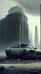 城市废墟，破旧汽车，赛博朋克，灰色天空，质感，末日，音乐