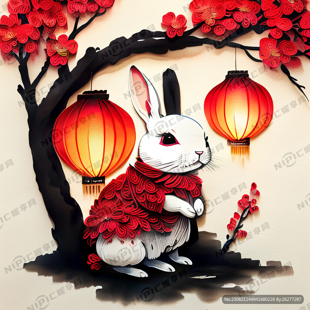 衍纸艺术 春节 可爱兔子 红梅