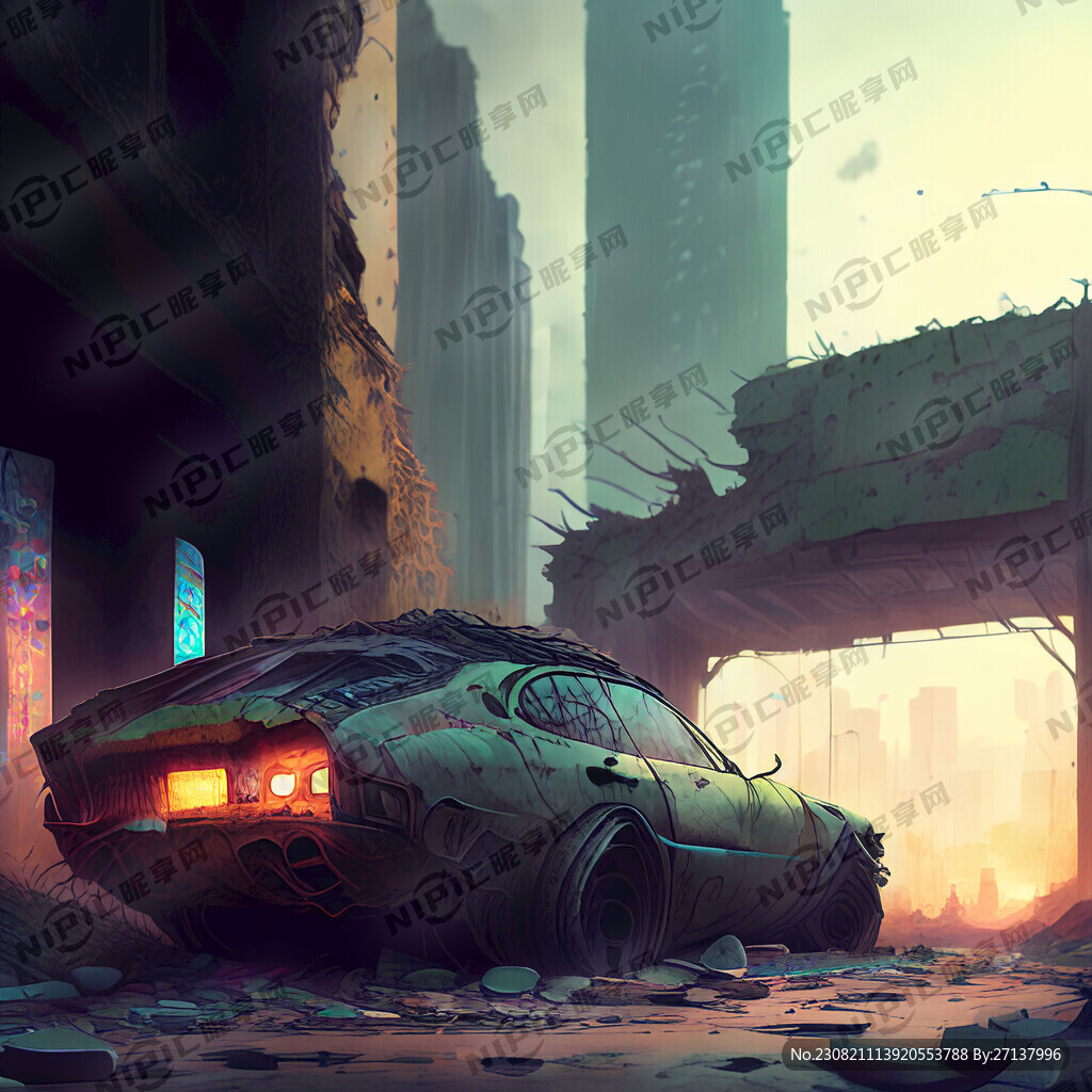 城市废墟 破旧汽车 赛博朋克