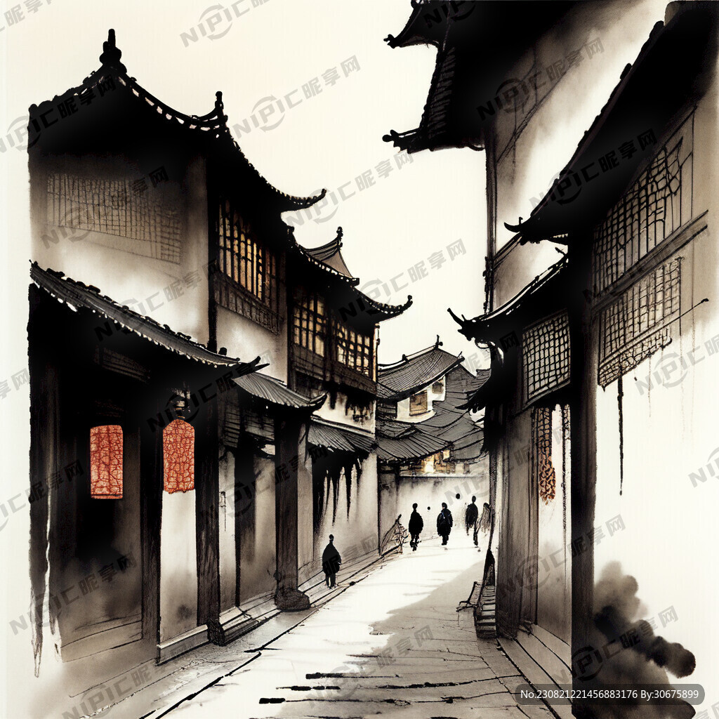 古城街道水墨画