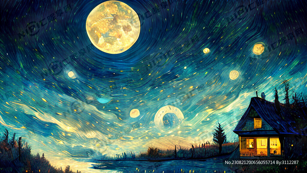 星空 月亮 房子 河流 唯美
