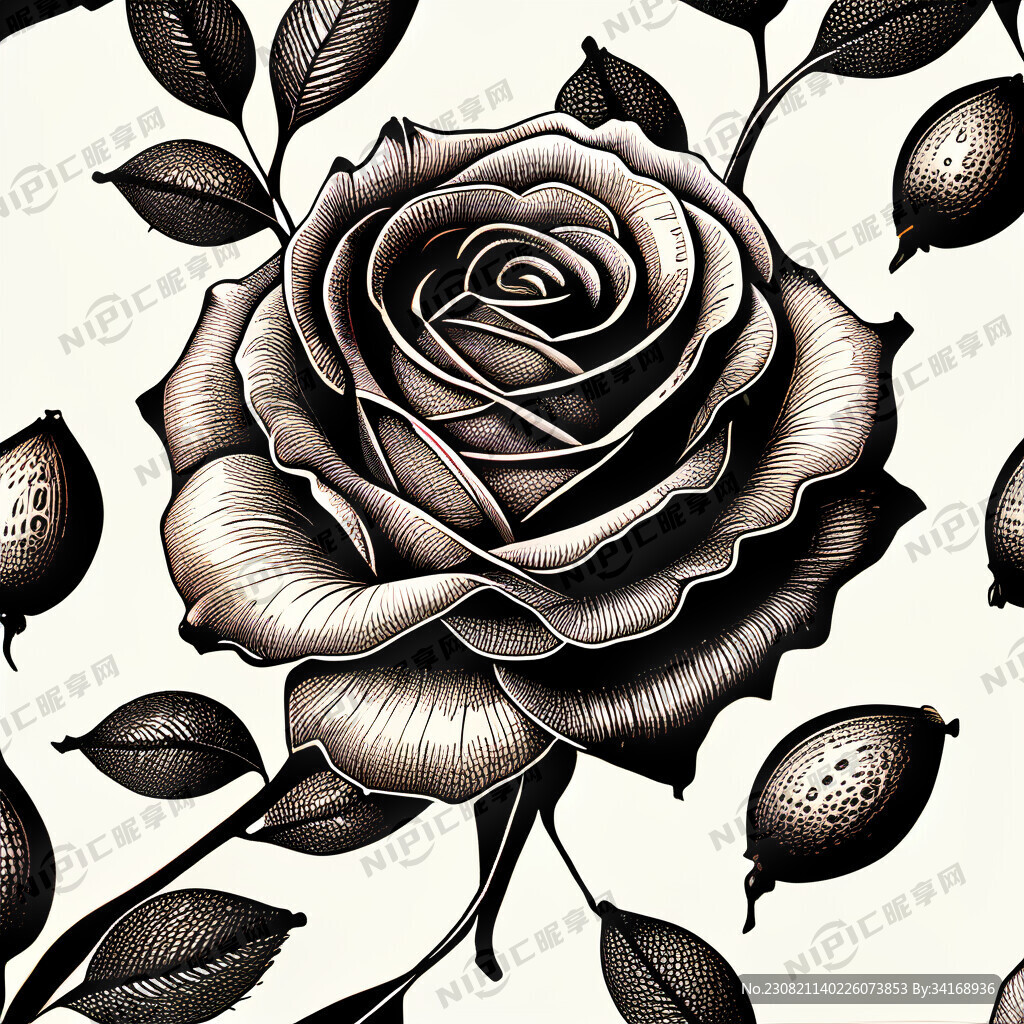 玫瑰果 花纹 底纹 线描 黑白