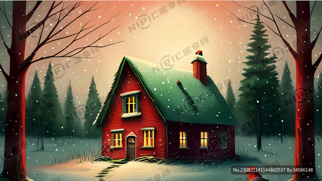白雪人 戴红帽 绿围巾 红鸟