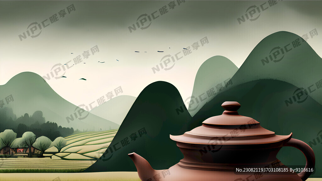 中国风 紫砂壶 抽象 农村风景