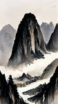 山谷，中国风，山水，线描风格，写意，意境，高雅，黑白位图