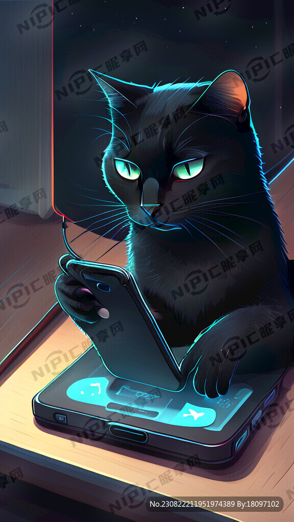 一只深夜玩手机游戏的黑猫